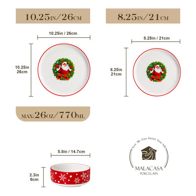 12-piece porcelain Christmas dinnerware set featuring a cheerful Santa Claus design surrounded by playful snowflakes and polka dots, including dinner plates, salad plates, and cereal bowls for four.