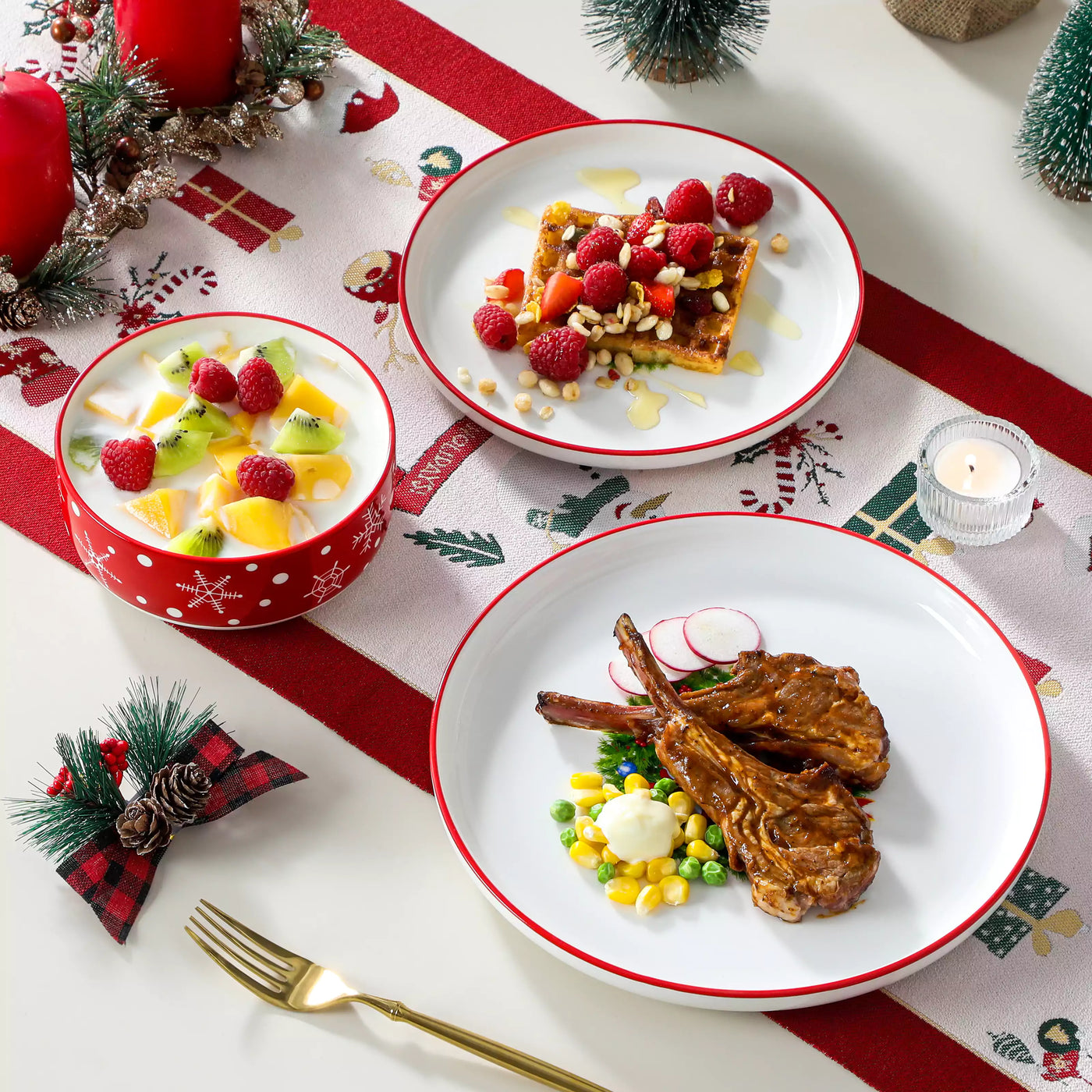 12-piece porcelain Christmas dinnerware set featuring a cheerful Santa Claus design surrounded by playful snowflakes and polka dots, including dinner plates, salad plates, and cereal bowls for four.