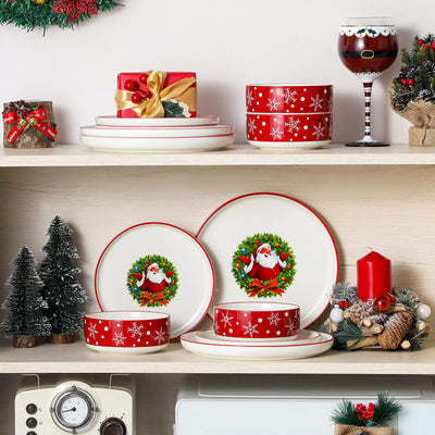 12-piece porcelain Christmas dinnerware set featuring a cheerful Santa Claus design surrounded by playful snowflakes and polka dots, including dinner plates, salad plates, and cereal bowls for four.