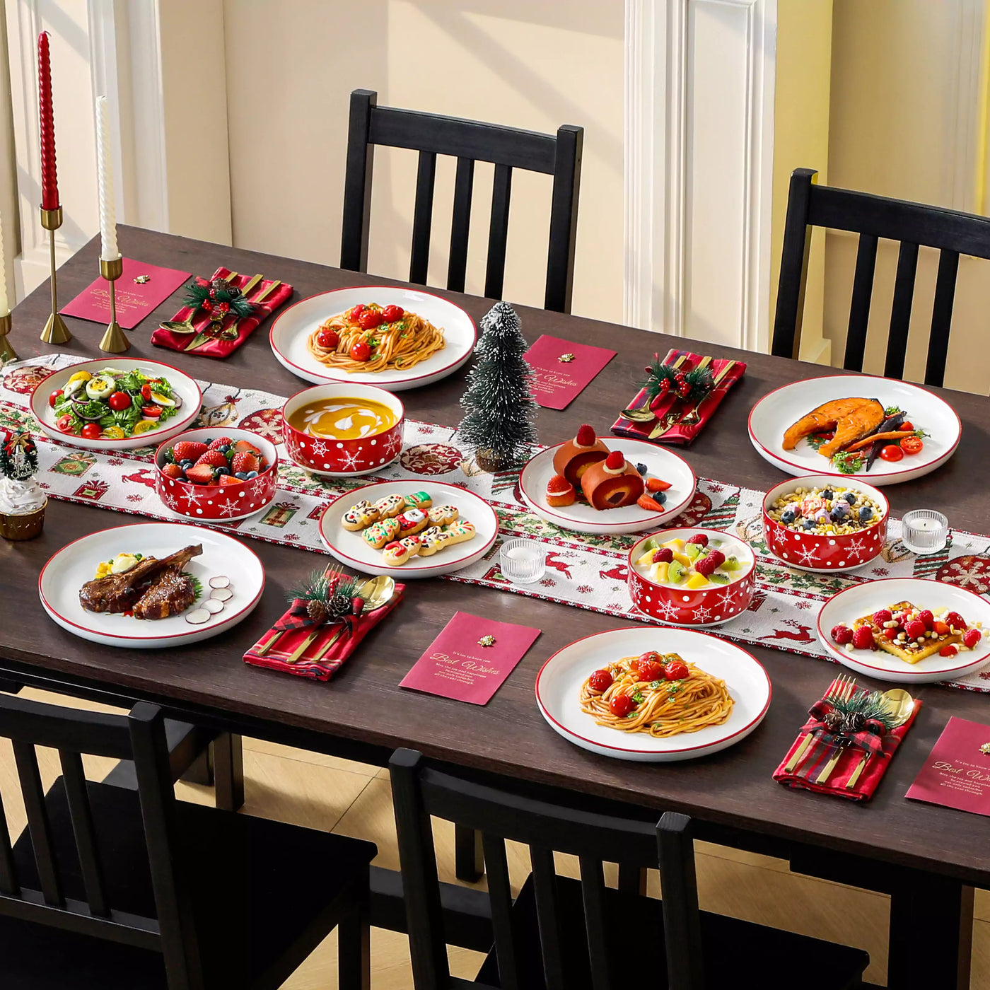 12-piece porcelain Christmas dinnerware set featuring a cheerful Santa Claus design surrounded by playful snowflakes and polka dots, including dinner plates, salad plates, and cereal bowls for four.