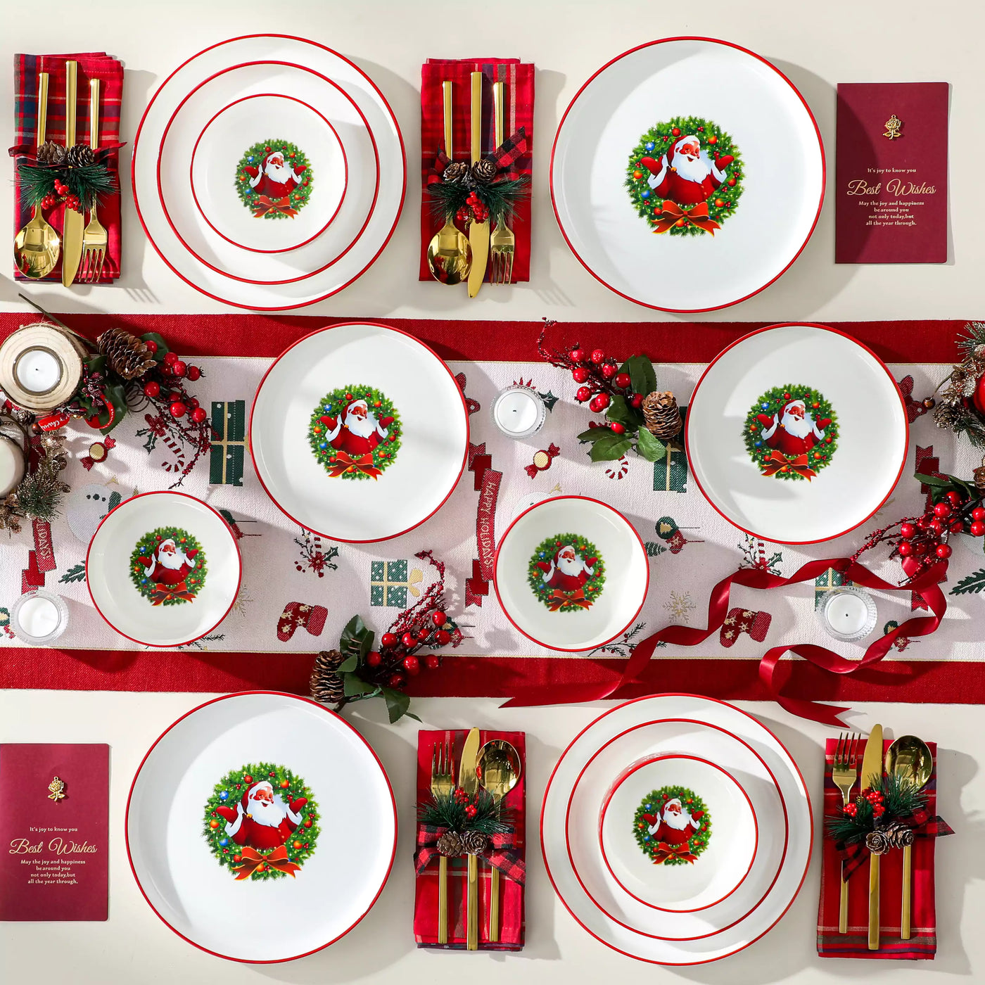 12-piece porcelain Christmas dinnerware set featuring a cheerful Santa Claus design surrounded by playful snowflakes and polka dots, including dinner plates, salad plates, and cereal bowls for four.
