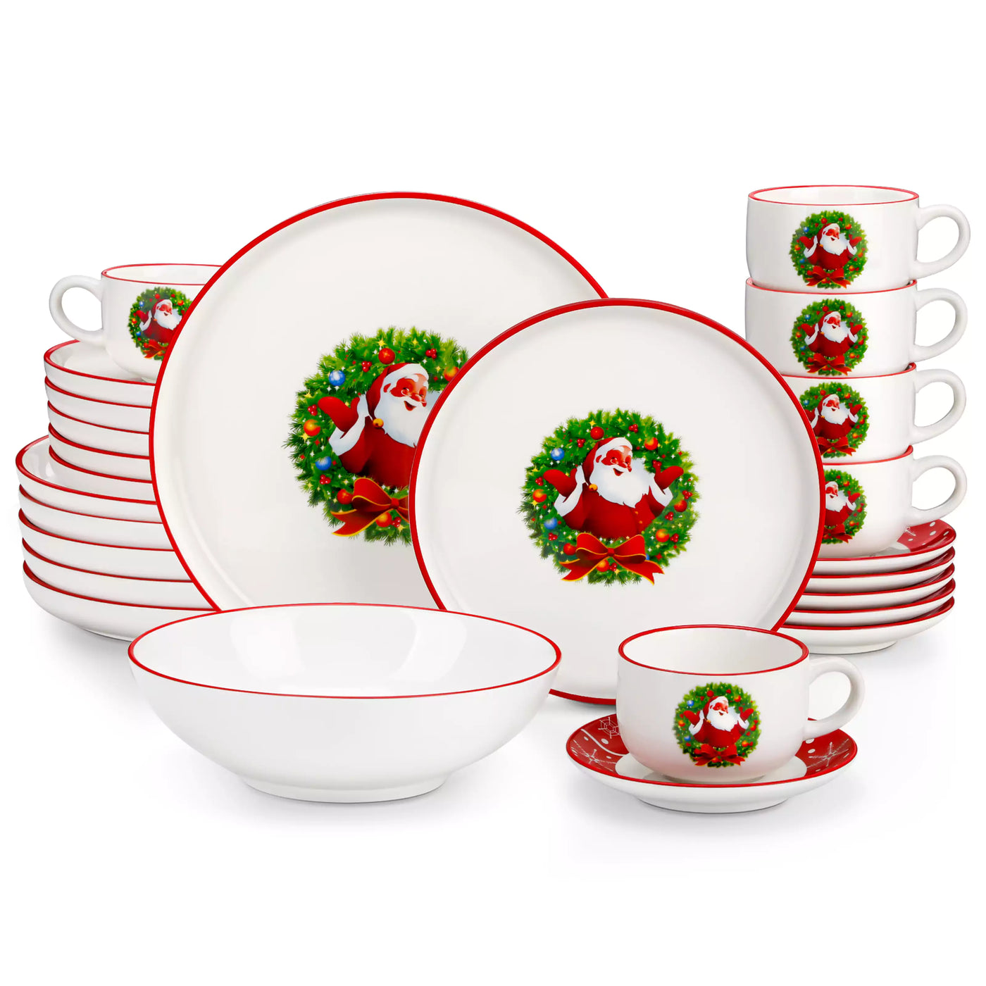 30-piece Christmas porcelain dinnerware set with a joyful Santa Claus motif, snowflakes, and polka dots; includes dinner plates, salad plates, soup plates, cups, and saucers for six guests.