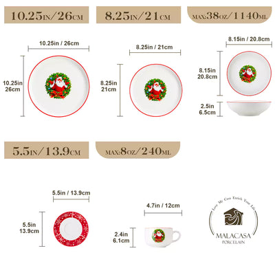 30-piece Christmas porcelain dinnerware set with a joyful Santa Claus motif, snowflakes, and polka dots; includes dinner plates, salad plates, soup plates, cups, and saucers for six guests.