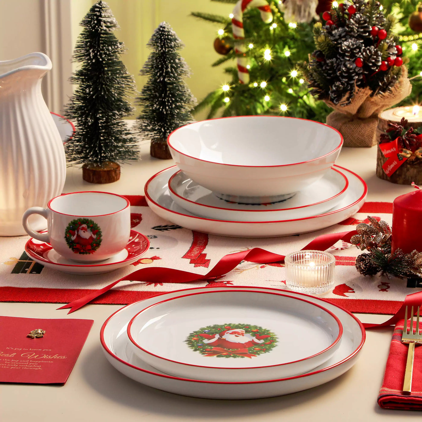 30-piece Christmas porcelain dinnerware set with a joyful Santa Claus motif, snowflakes, and polka dots; includes dinner plates, salad plates, soup plates, cups, and saucers for six guests.
