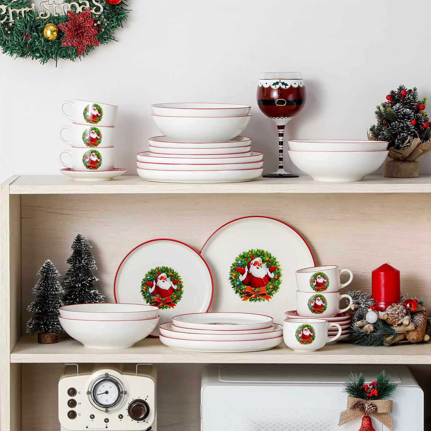 30-piece Christmas porcelain dinnerware set with a joyful Santa Claus motif, snowflakes, and polka dots; includes dinner plates, salad plates, soup plates, cups, and saucers for six guests.