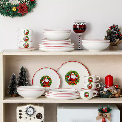 30-piece Christmas porcelain dinnerware set with a joyful Santa Claus motif, snowflakes, and polka dots; includes dinner plates, salad plates, soup plates, cups, and saucers for six guests.