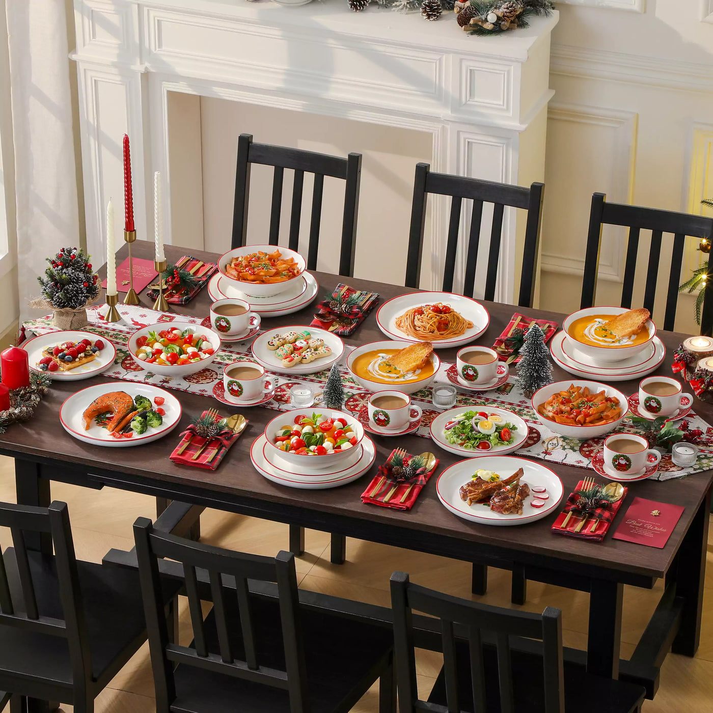 30-piece Christmas porcelain dinnerware set with a joyful Santa Claus motif, snowflakes, and polka dots; includes dinner plates, salad plates, soup plates, cups, and saucers for six guests.