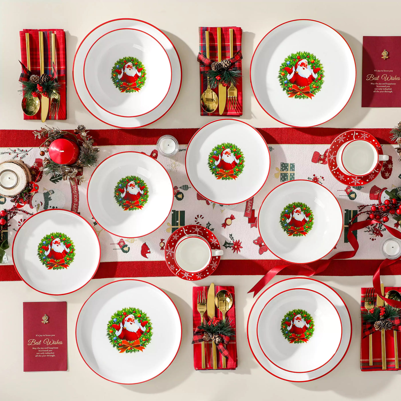 30-piece Christmas porcelain dinnerware set with a joyful Santa Claus motif, snowflakes, and polka dots; includes dinner plates, salad plates, soup plates, cups, and saucers for six guests.