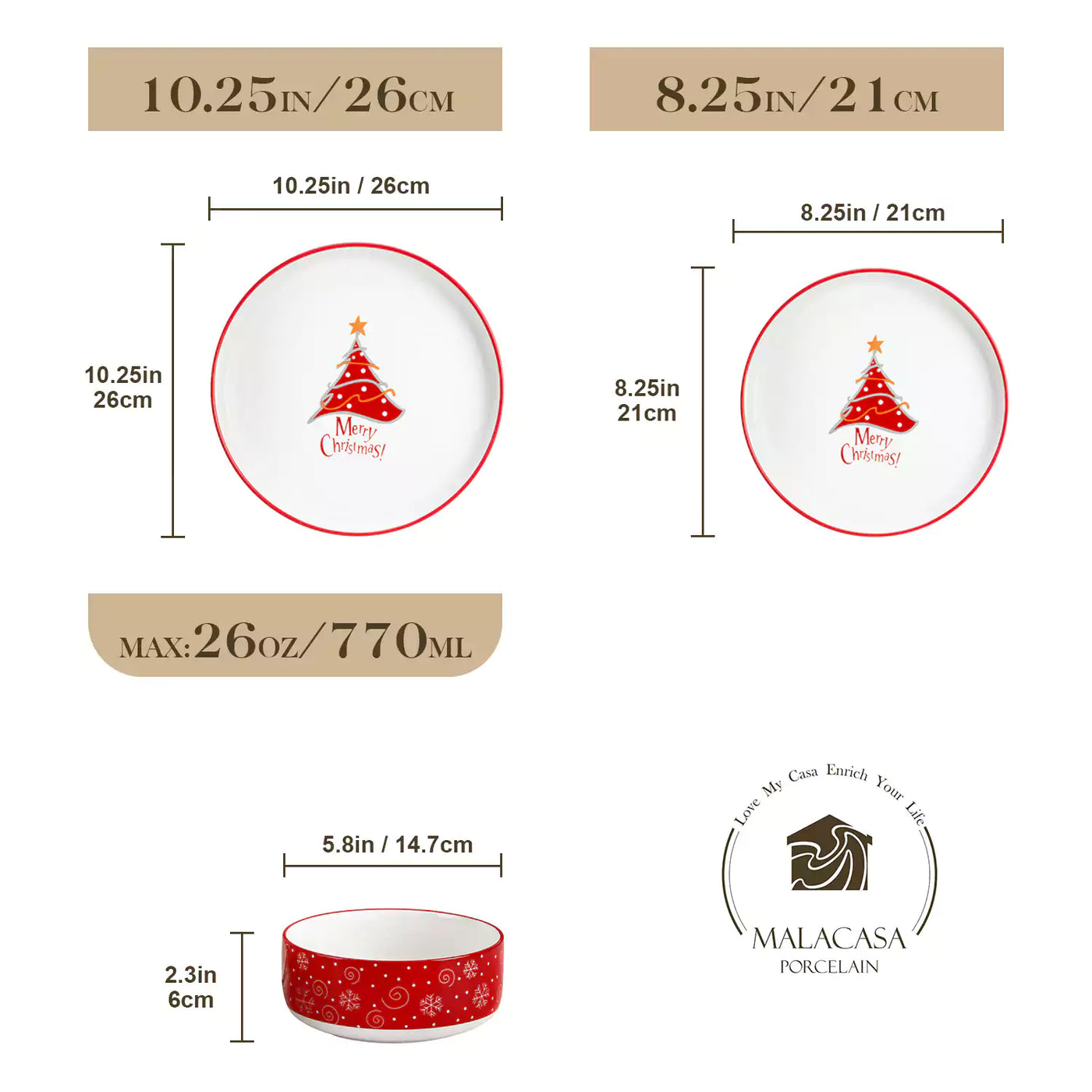 12-piece porcelain dinnerware set from the Christmas Collection, featuring a red Christmas tree topped with a gold star and surrounded by delicate snowflakes; includes plates and bowls for four.