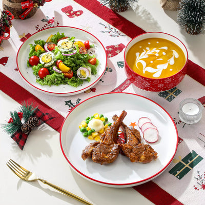 12-piece porcelain dinnerware set from the Christmas Collection, featuring a red Christmas tree topped with a gold star and surrounded by delicate snowflakes; includes plates and bowls for four.