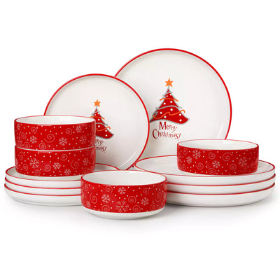 12-piece porcelain dinnerware set from the Christmas Collection, featuring a red Christmas tree topped with a gold star and surrounded by delicate snowflakes; includes plates and bowls for four.
