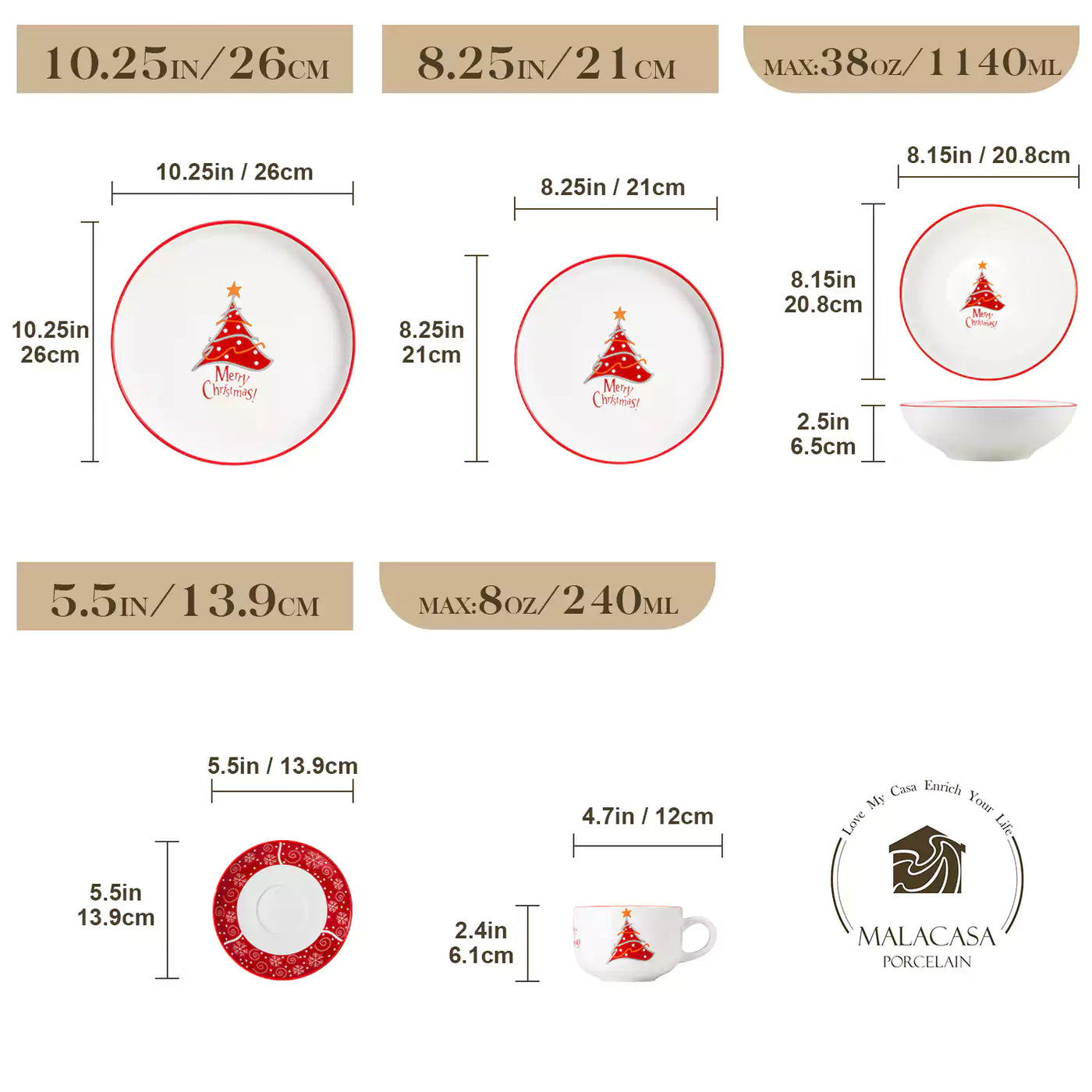30-piece porcelain Christmas dinnerware set showcasing a red Christmas tree with a gold star and snowflake accents; includes dinner plates, salad plates, soup plates, cups, and saucers for six.