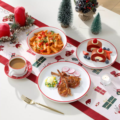 30-piece porcelain Christmas dinnerware set showcasing a red Christmas tree with a gold star and snowflake accents; includes dinner plates, salad plates, soup plates, cups, and saucers for six.