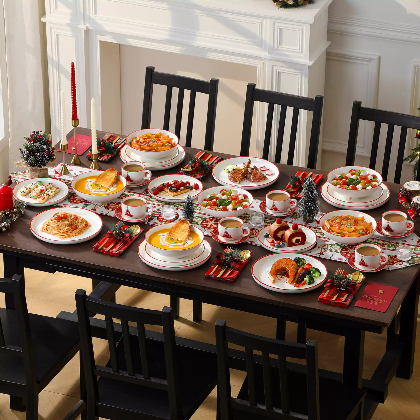 30-piece porcelain Christmas dinnerware set showcasing a red Christmas tree with a gold star and snowflake accents; includes dinner plates, salad plates, soup plates, cups, and saucers for six.