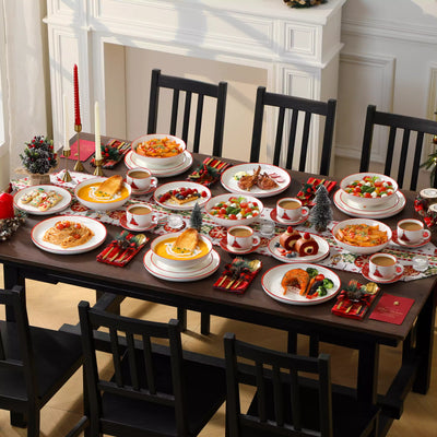 30-piece porcelain Christmas dinnerware set showcasing a red Christmas tree with a gold star and snowflake accents; includes dinner plates, salad plates, soup plates, cups, and saucers for six.
