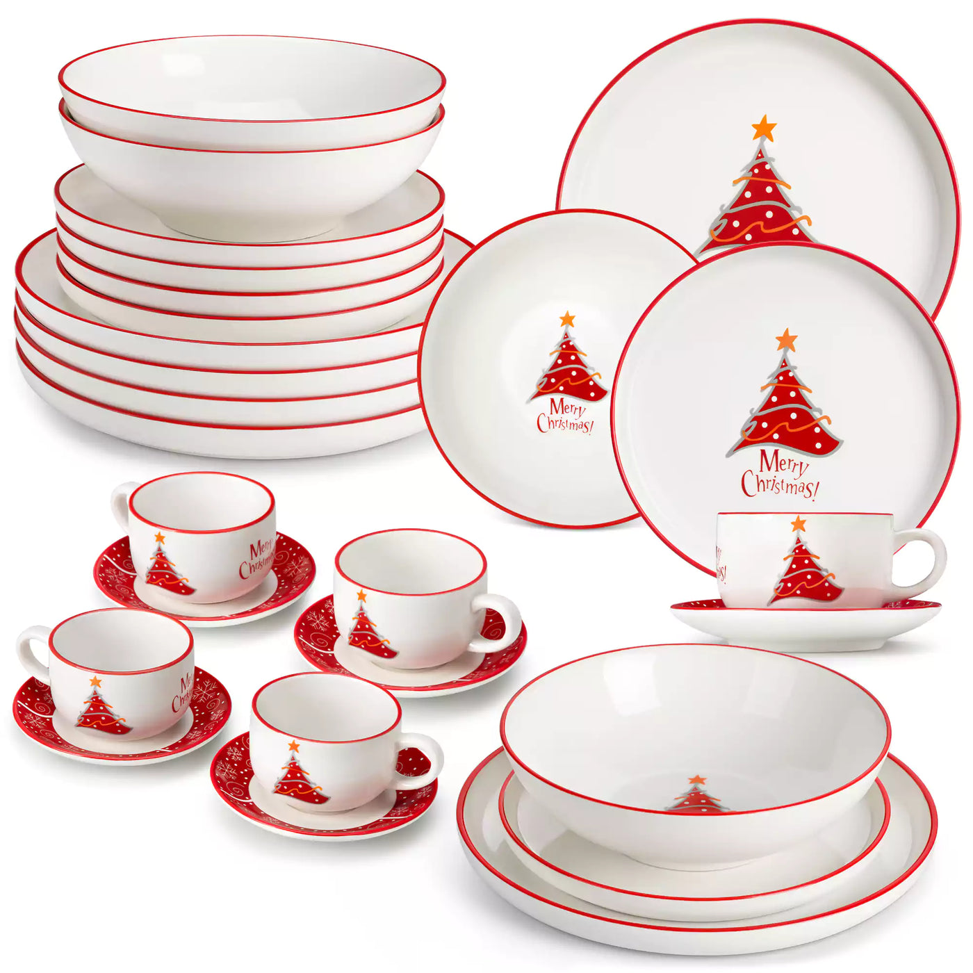 30-piece porcelain Christmas dinnerware set showcasing a red Christmas tree with a gold star and snowflake accents; includes dinner plates, salad plates, soup plates, cups, and saucers for six.