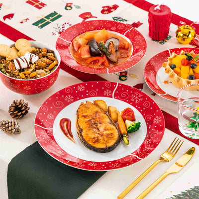 MALACASA Christmastree 16-Piece Porcelain Dinnerware Set, Adorned with beautiful Christmas tree patterns, adding a festive touch to your holiday table.