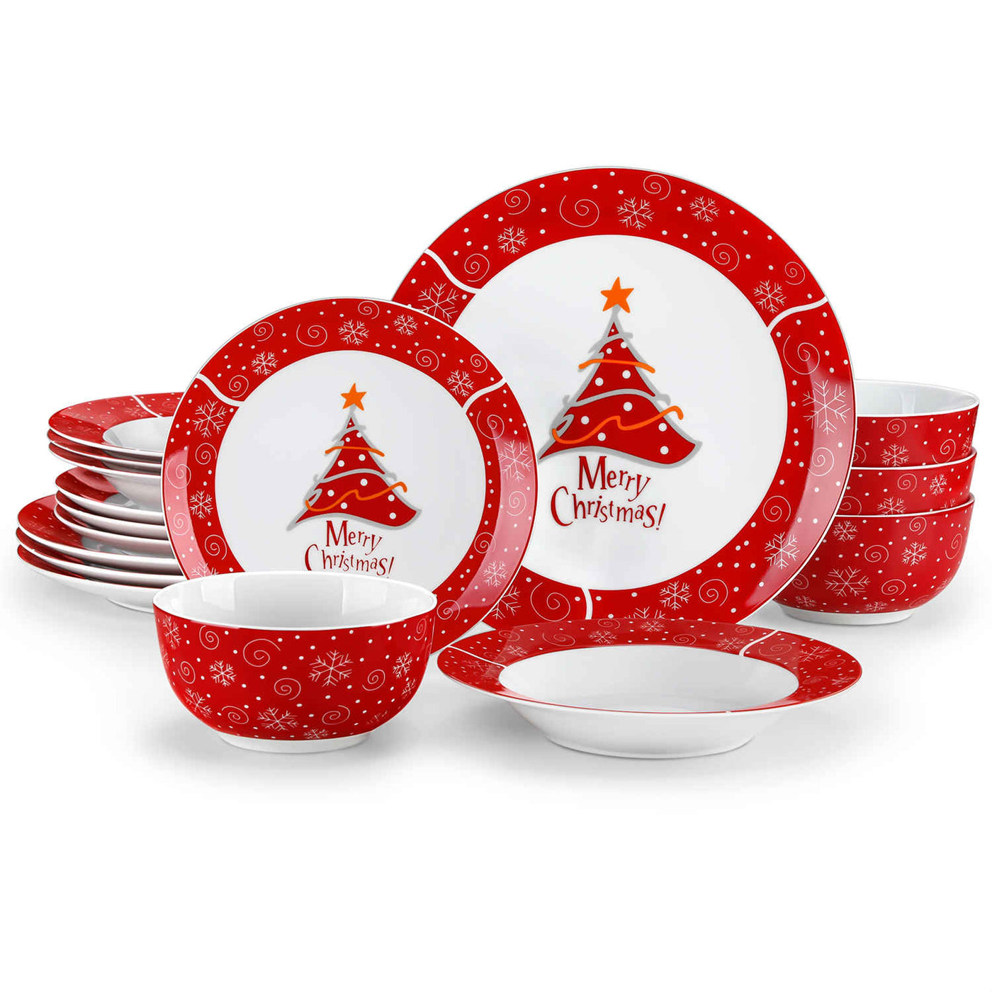 MALACASA Christmastree 16-Piece Porcelain Dinnerware Set, Adorned with beautiful Christmas tree patterns, adding a festive touch to your holiday table.