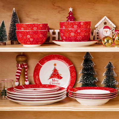 MALACASA Christmastree 16-Piece Porcelain Dinnerware Set, Adorned with beautiful Christmas tree patterns, adding a festive touch to your holiday table.