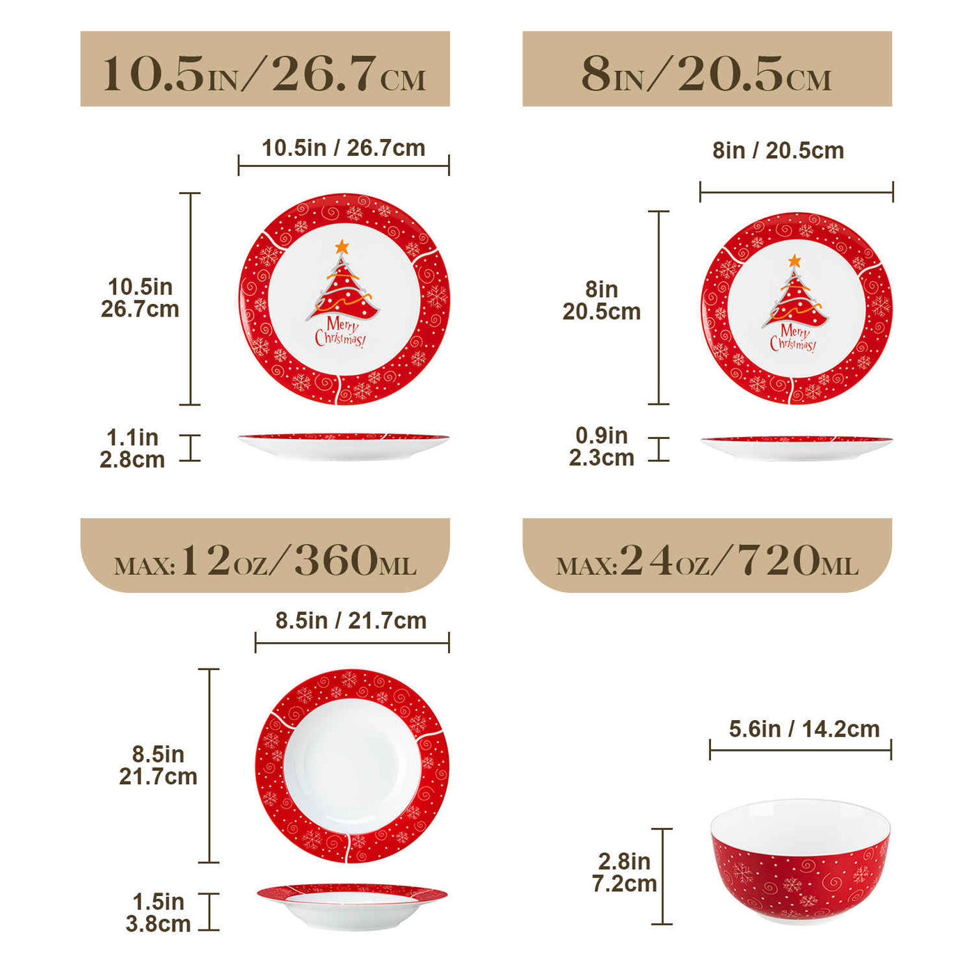 MALACASA Christmastree 16-Piece Porcelain Dinnerware Set, Adorned with beautiful Christmas tree patterns, adding a festive touch to your holiday table.