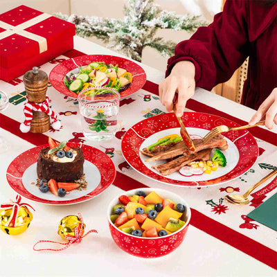 MALACASA Christmastree 16-Piece Porcelain Dinnerware Set, Adorned with beautiful Christmas tree patterns, adding a festive touch to your holiday table.