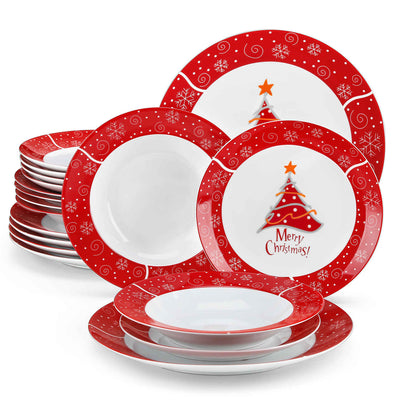 MALACASA Christmastree 18-Piece Dinnerware Set features exquisite Christmas tree motifs on fine porcelain. Perfect for holiday feasts and family gatherings, this enchanting set enhances your festive table setting, creating a warm and joyful atmosphere for memorable celebrations.