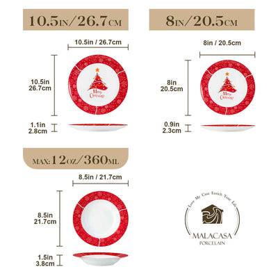 MALACASA Christmastree 18-Piece Dinnerware Set features exquisite Christmas tree motifs on fine porcelain. Perfect for holiday feasts and family gatherings, this enchanting set enhances your festive table setting, creating a warm and joyful atmosphere for memorable celebrations.