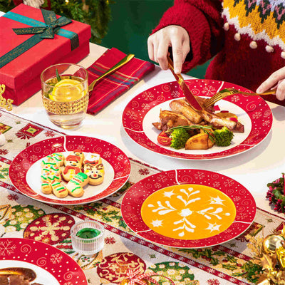 MALACASA Christmastree 18-Piece Dinnerware Set features exquisite Christmas tree motifs on fine porcelain. Perfect for holiday feasts and family gatherings, this enchanting set enhances your festive table setting, creating a warm and joyful atmosphere for memorable celebrations.