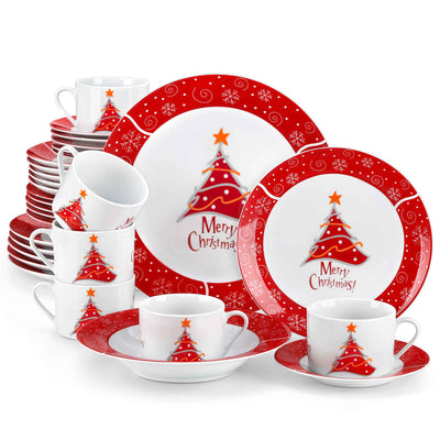 MALACASA Christmastree 30-Piece Dinnerware Set showcases beautiful Christmas tree designs on elegant porcelain. Ideal for holiday dinners and festive gatherings, this comprehensive set brings a touch of seasonal charm to your dining table, making every meal a delightful celebration with family and friends.