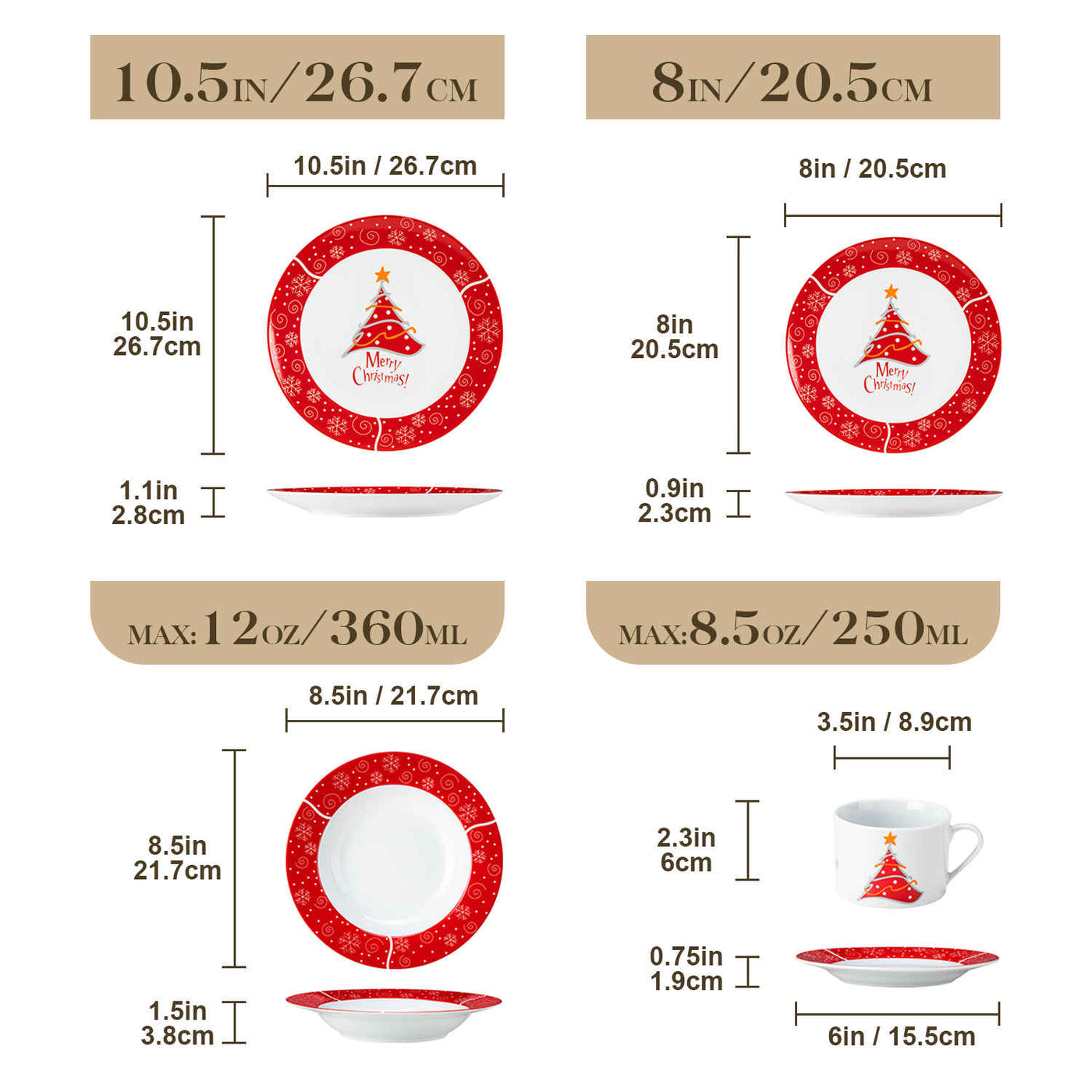 MALACASA Christmastree 30-Piece Dinnerware Set showcases beautiful Christmas tree designs on elegant porcelain. Ideal for holiday dinners and festive gatherings, this comprehensive set brings a touch of seasonal charm to your dining table, making every meal a delightful celebration with family and friends.