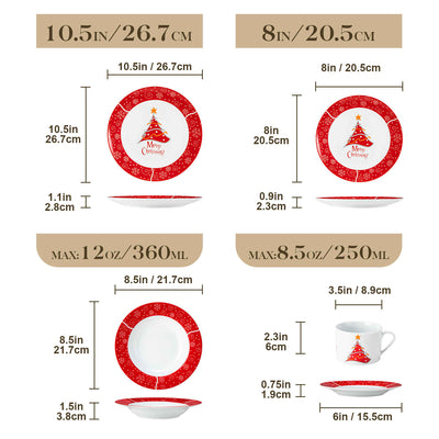 MALACASA Christmastree 30-Piece Dinnerware Set showcases beautiful Christmas tree designs on elegant porcelain. Ideal for holiday dinners and festive gatherings, this comprehensive set brings a touch of seasonal charm to your dining table, making every meal a delightful celebration with family and friends.