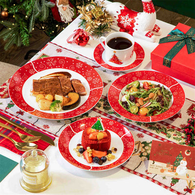 MALACASA Christmastree 30-Piece Dinnerware Set showcases beautiful Christmas tree designs on elegant porcelain. Ideal for holiday dinners and festive gatherings, this comprehensive set brings a touch of seasonal charm to your dining table, making every meal a delightful celebration with family and friends.