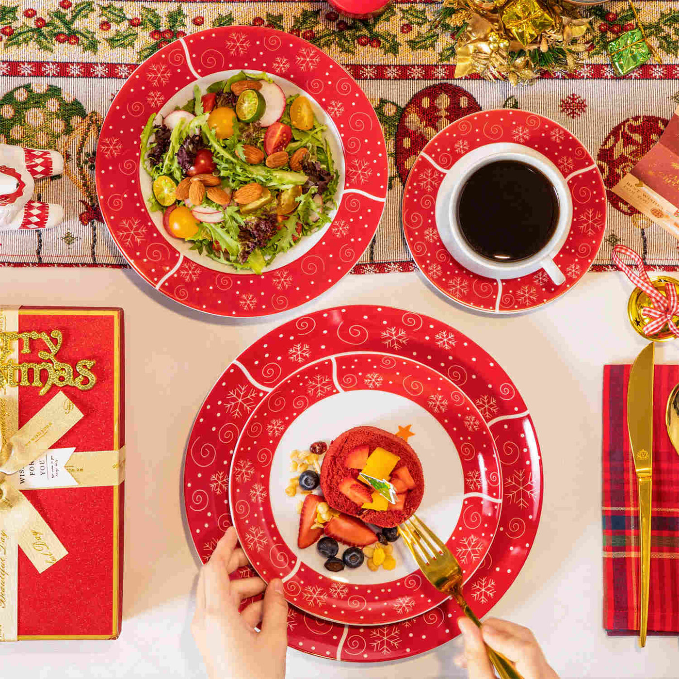 MALACASA Christmastree 30-Piece Dinnerware Set showcases beautiful Christmas tree designs on elegant porcelain. Ideal for holiday dinners and festive gatherings, this comprehensive set brings a touch of seasonal charm to your dining table, making every meal a delightful celebration with family and friends.