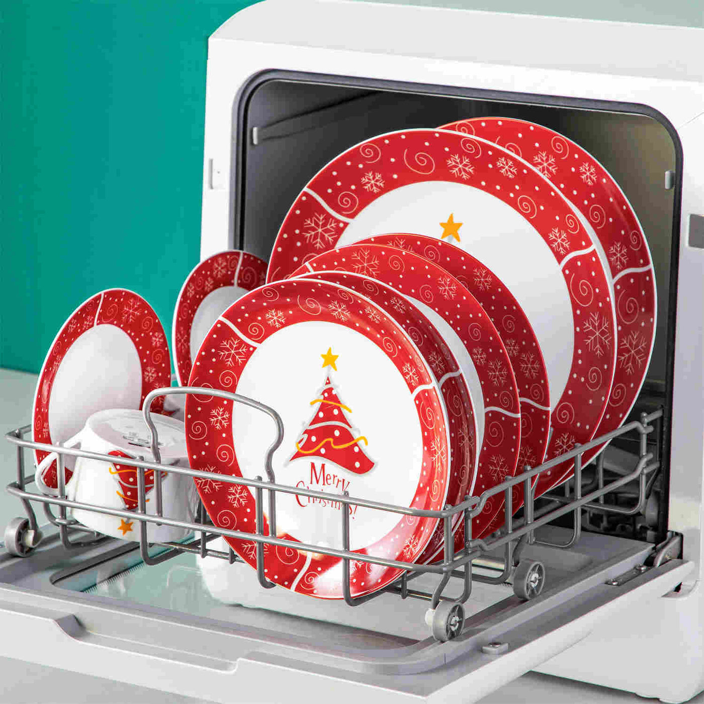 MALACASA Christmastree 30-Piece Dinnerware Set showcases beautiful Christmas tree designs on elegant porcelain. Ideal for holiday dinners and festive gatherings, this comprehensive set brings a touch of seasonal charm to your dining table, making every meal a delightful celebration with family and friends.