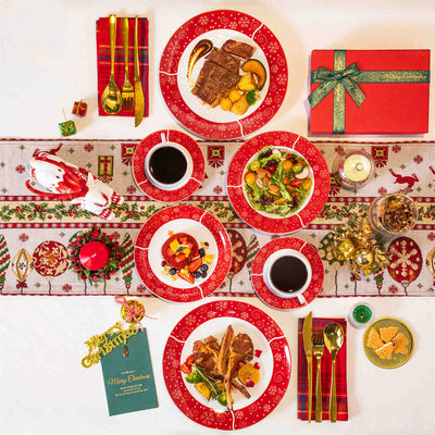 MALACASA Christmastree 30-Piece Dinnerware Set showcases beautiful Christmas tree designs on elegant porcelain. Ideal for holiday dinners and festive gatherings, this comprehensive set brings a touch of seasonal charm to your dining table, making every meal a delightful celebration with family and friends.