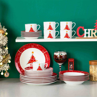 MALACASA Christmastree 30-Piece Dinnerware Set showcases beautiful Christmas tree designs on elegant porcelain. Ideal for holiday dinners and festive gatherings, this comprehensive set brings a touch of seasonal charm to your dining table, making every meal a delightful celebration with family and friends.