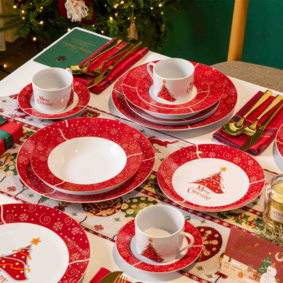 MALACASA Christmastree 30-Piece Dinnerware Set showcases beautiful Christmas tree designs on elegant porcelain. Ideal for holiday dinners and festive gatherings, this comprehensive set brings a touch of seasonal charm to your dining table, making every meal a delightful celebration with family and friends.