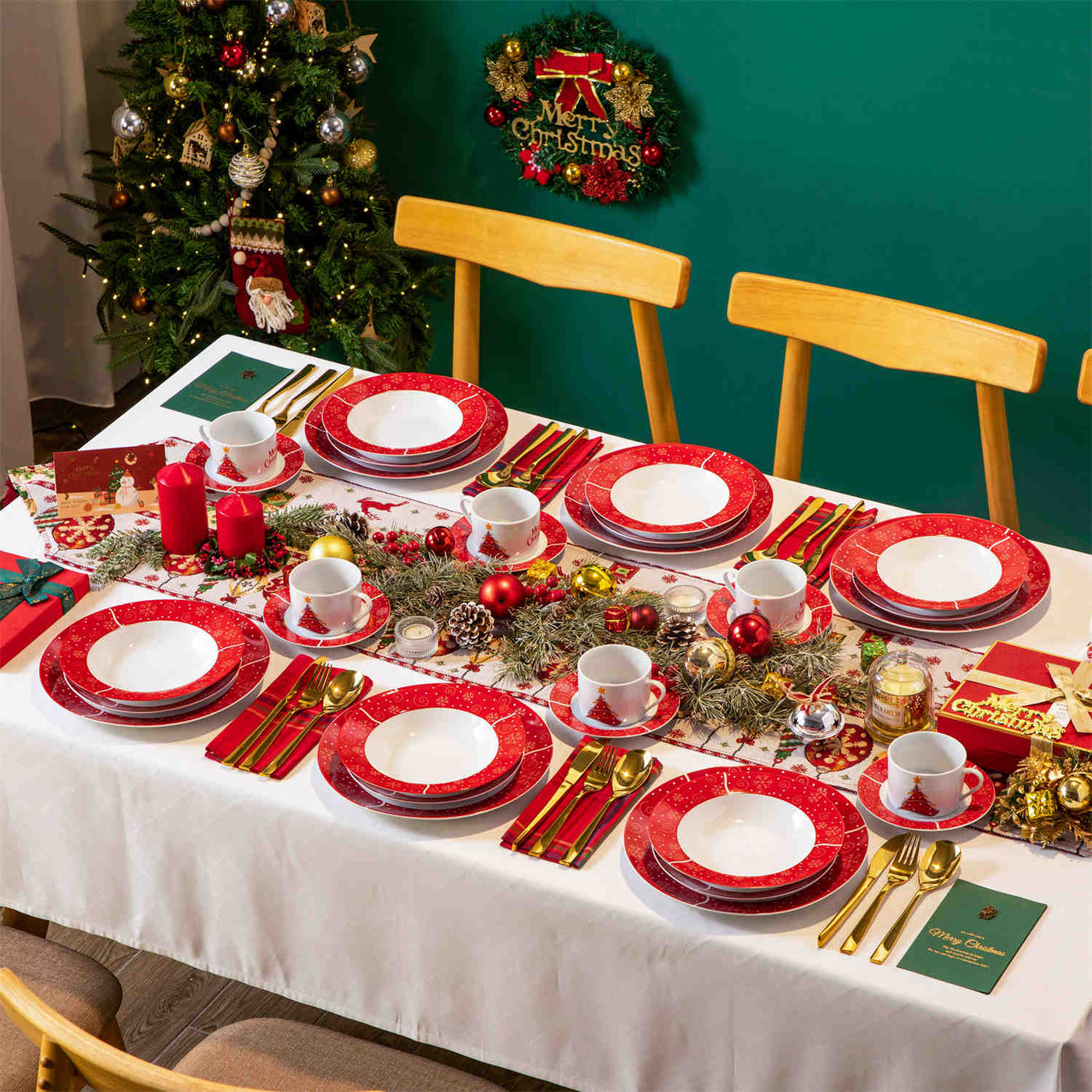 MALACASA Christmastree 30-Piece Dinnerware Set showcases beautiful Christmas tree designs on elegant porcelain. Ideal for holiday dinners and festive gatherings, this comprehensive set brings a touch of seasonal charm to your dining table, making every meal a delightful celebration with family and friends.