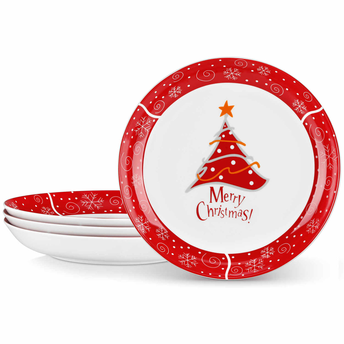 MALACASA Set of 4 Christmastree pasta bowls in fine porcelain, adorned with a cheerful Christmas tree design, perfect for serving festive pasta dishes during holiday celebrations.