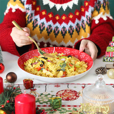 MALACASA Set of 4 Christmastree pasta bowls in fine porcelain, adorned with a cheerful Christmas tree design, perfect for serving festive pasta dishes during holiday celebrations.