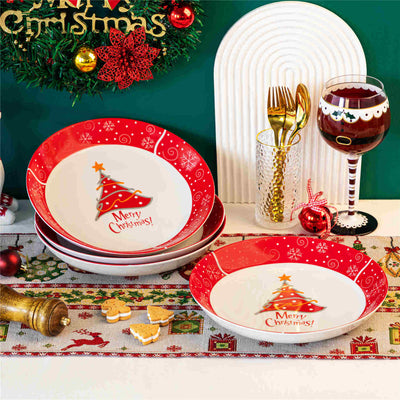 MALACASA Set of 4 Christmastree pasta bowls in fine porcelain, adorned with a cheerful Christmas tree design, perfect for serving festive pasta dishes during holiday celebrations.