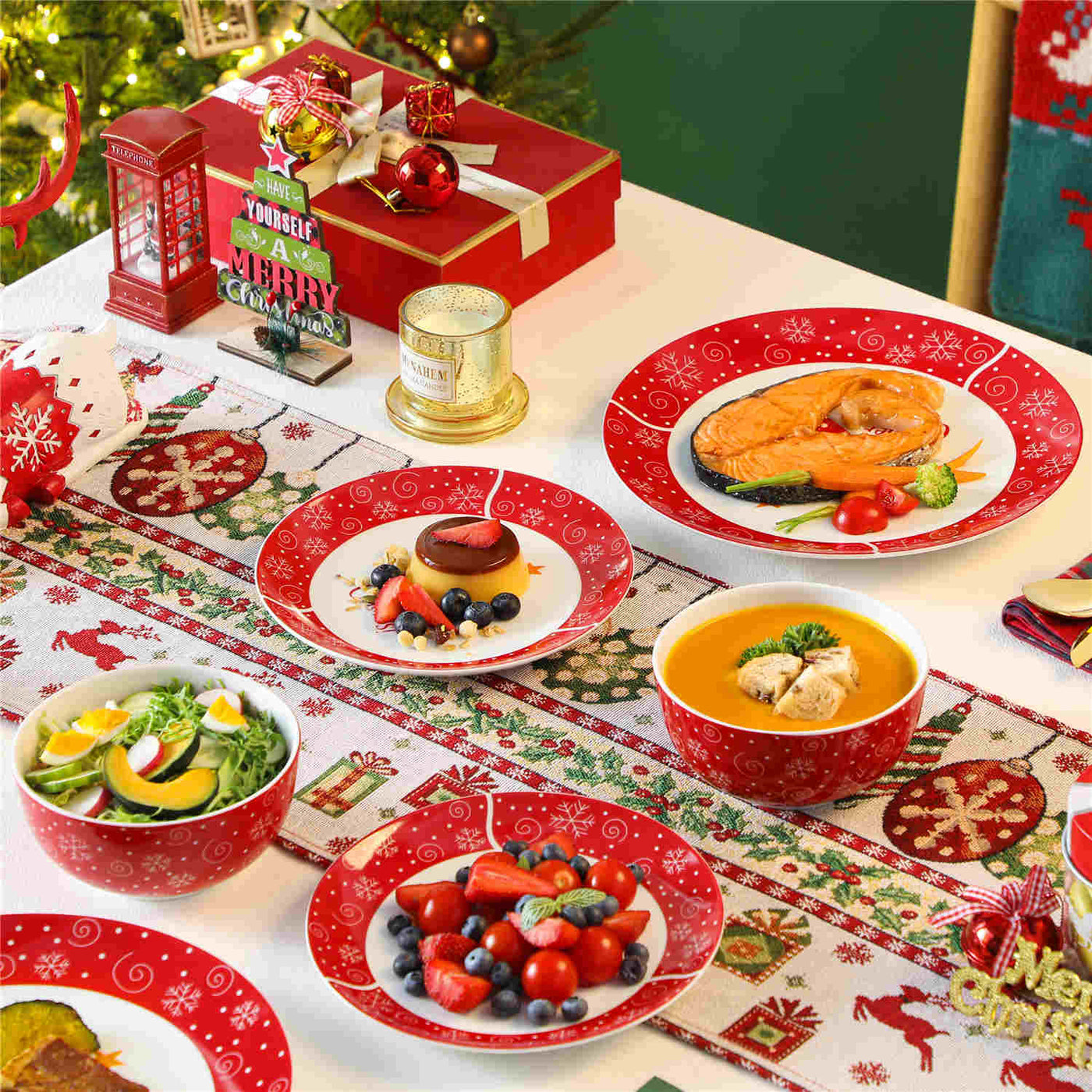 MALACASA Festive Christmastree 12-piece fine porcelain dinnerware set for 4, featuring a charming Christmas tree pattern, creating a joyful dining atmosphere.