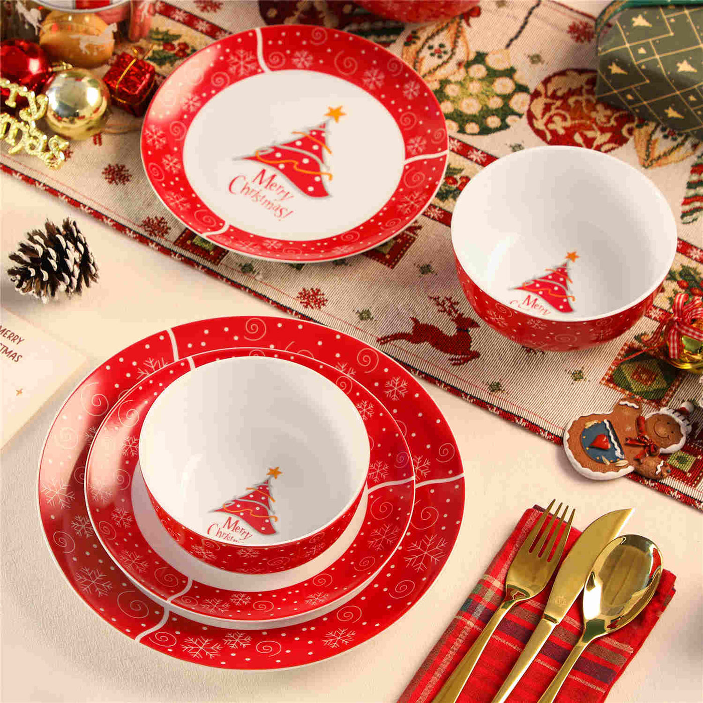 MALACASA Festive Christmastree 12-piece fine porcelain dinnerware set for 4, featuring a charming Christmas tree pattern, creating a joyful dining atmosphere.