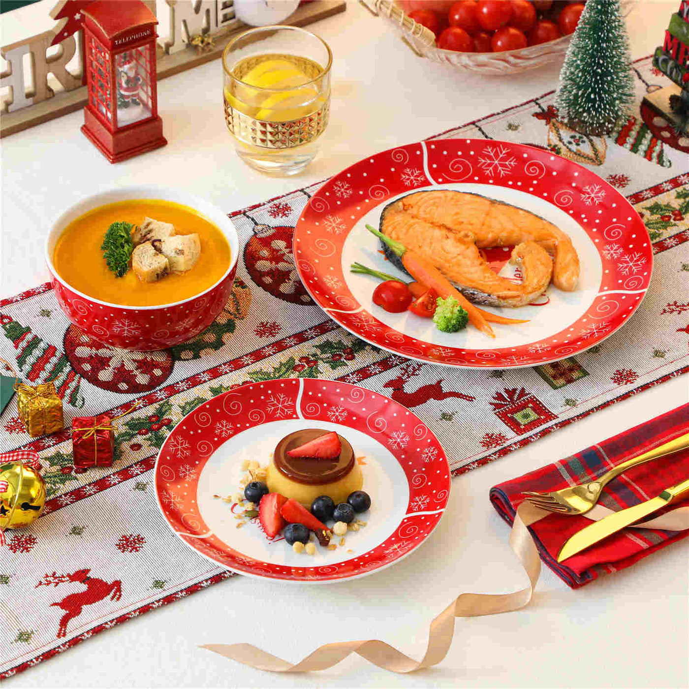 MALACASA Festive Christmastree 12-piece fine porcelain dinnerware set for 4, featuring a charming Christmas tree pattern, creating a joyful dining atmosphere.