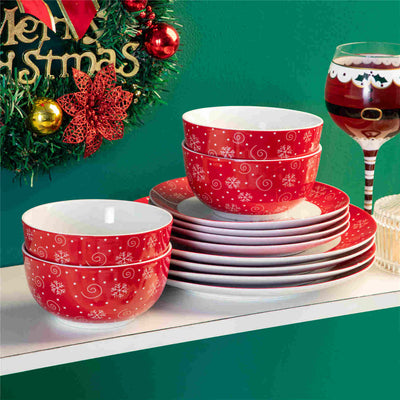 MALACASA Festive Christmastree 12-piece fine porcelain dinnerware set for 4, featuring a charming Christmas tree pattern, creating a joyful dining atmosphere.