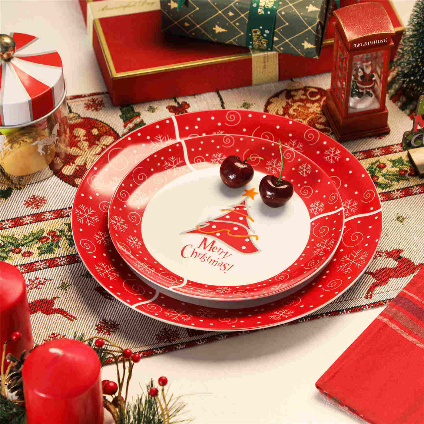 MALACASA Festive Christmastree 12-piece fine porcelain dinnerware set for 4, featuring a charming Christmas tree pattern, creating a joyful dining atmosphere.