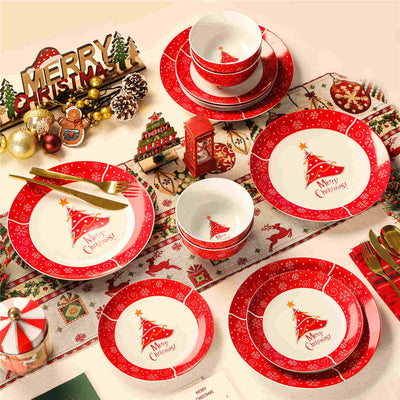 MALACASA Festive Christmastree 12-piece fine porcelain dinnerware set for 4, featuring a charming Christmas tree pattern, creating a joyful dining atmosphere.