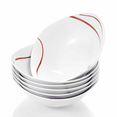 Felisa Off-White Porcelain Cereal Bowls with Delicate Red Stripes Set of 6 