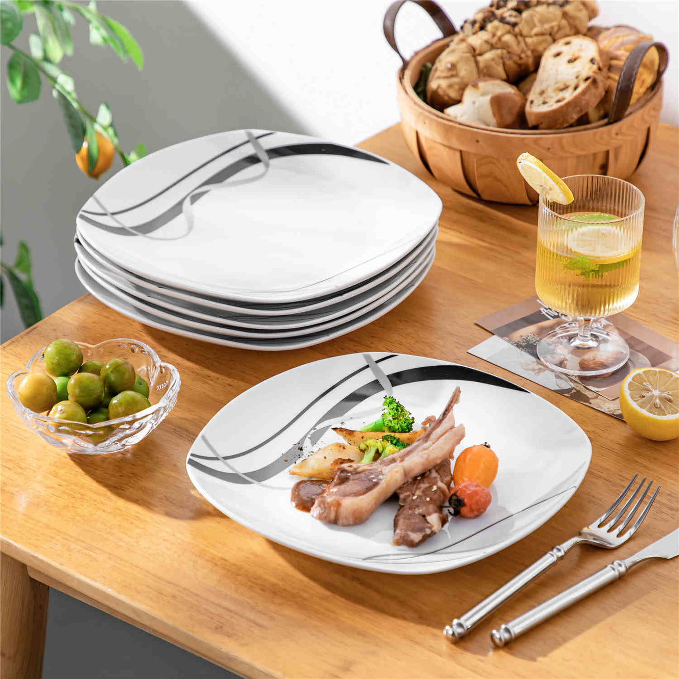 Fiona Off-White Porcelain Dinner Plates with Black And Silver-Gray Stripes Set of 6