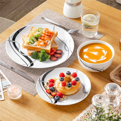 MALACASA Fiona 12-Piece Porcelain Dinnerware Set, Featuring Rounded Design, with Black and Gray Stripes, Includes Plates and Bowls.